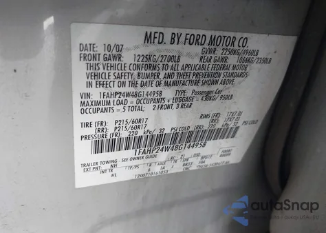 2008 Ford Taurus Sel из США, поврежденный, VIN 1FAHP24W48G144958